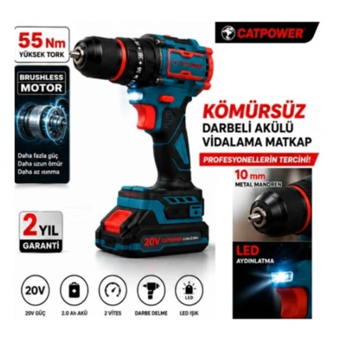 Catpower 1050 Kömürsüz Darbeli Şarjlı Matkap Vidalama 20v 2.0ah 55 Nm Brushless Çift Akülü 70 Parça