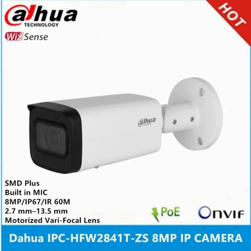 DAHUA IPC-HFW2841T-ZAS-27135 8Mpix, 2,7-13,5mm Motorize Lens, H265+, 80Mt Gece Görüşü, Dahili Mikrofon, Starlight, IP67,  PoE Bullet IP Kamera
