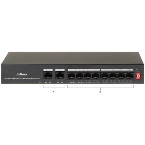 DAHUA PFS3010-8ET-65, 8 Port, MegaBit, PoE 65W, 2 Port Uplink, Yönetilemez, Masaüstü Switch