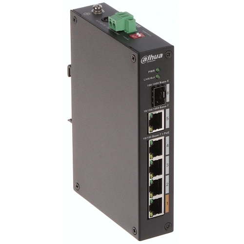 DAHUA PFS3106-4ET-60-V2, 4 Port, Megabit, PoE 60W, 1 Port Gigabit Uplink, 1 Port Gigabit SFP, Yönetilemez, Masaüstü Switch