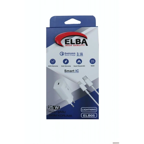 Elba ELB05-PD-25WIOS Beyaz 25W Usb-c Ev Şarj Kafa+1mt Type-c To Lightnıng Kablo PD3.0-QC4.0 Hızlı Ş