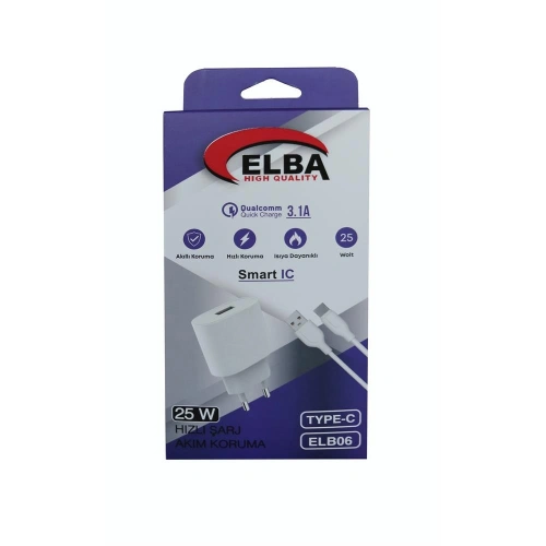 Elba Elb06-usb-25wtypc  Beyaz Usb 25w Şarj Kafa+1mt Usb Type-c Kablo Qc4.0 (akım Koruma-hızlı Şarj)