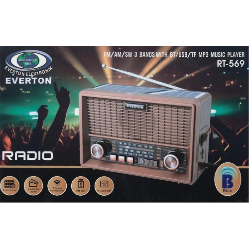Everton Rt-569  Bluetooth Fm-usb-tf-aux Güneş Enerjili Şarjlı Nostaljik Radyo