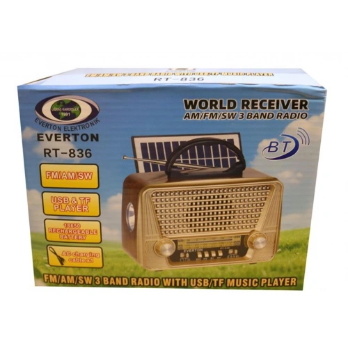 Everton Rt-836  Bluetooth Fm-usb-tf-aux Solarlı Şarjlı Nostaljik Radyo