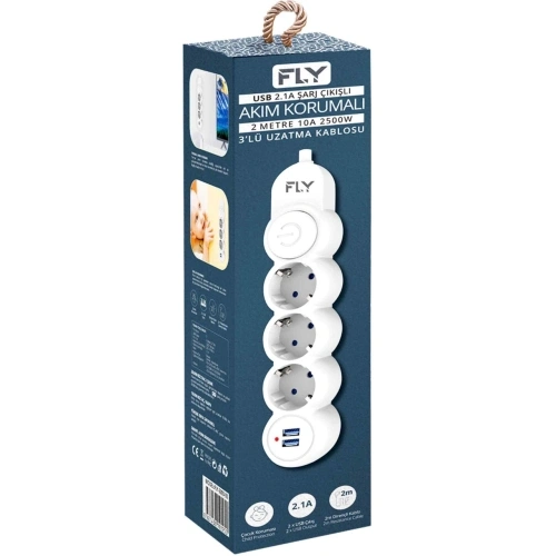 Fly 3393-01, 3 Soket, 2 Usb, Akım Korumalı Priz, 2.1a, Anahtarlı, 2mt Kablo, (beyaz)