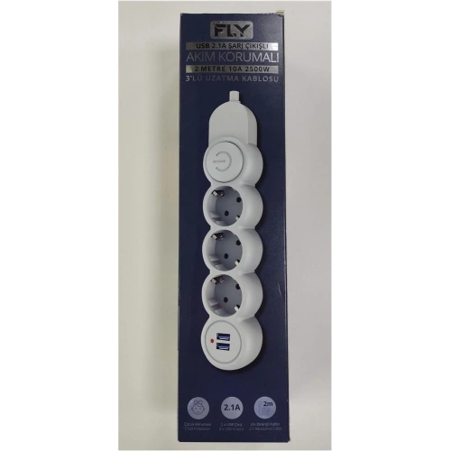 Fly 3393-01 3lü 2mt 2.1a Anahtarlı 2usb Şarj Çıkışlı Akım Korumalı 2500w