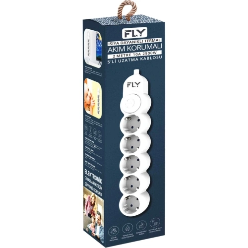 Fly 3394-01, 5 Soket, Akım Korumalı Priz, 2.1a, Anahtarlı, 2mt Kablo, (beyaz)