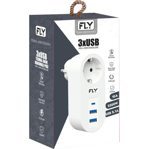 Fly 3400-01, 1 Soket, 2 Usb, 1 Type-c, Akım Korumalı Priz, 2.1a, (beyaz)