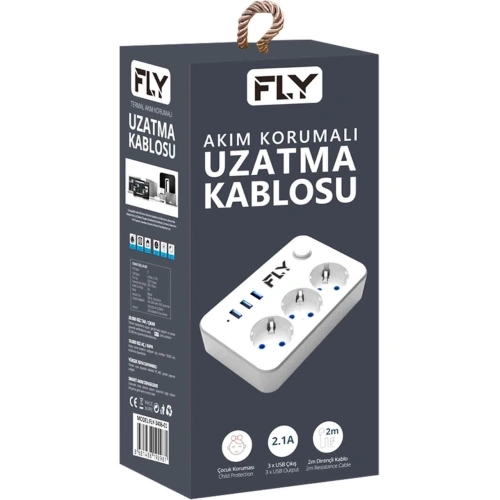 Fly 3406-01, 3 Soket, 3 Usb, Akım Korumalı Priz, 2.1a, Anahtarlı, 2mt Kablo, (beyaz)
