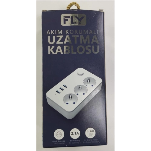 Fly 3406-01 3lü Anahtarlı 2.1a 3usb Şarj Çıkışı 2mt Anahtarlı  Akım Korumalı Priz Çocuk Koruması