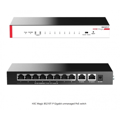 H3C Magic BS210T-P, 10 Port, GigaBit, 8 Port PoE, 57W, +2 Port GigaBit Uplink, Metal Kasa, Yönetilemez, Masaüstü Switch