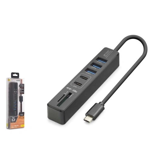 Hadron Hdx7061 İetop Type-c Hub 5gbps 2x Usb-c 3.2+3x Usb-a 3.2+sd+microsd 7 Port Kart Okuyucu Siyah