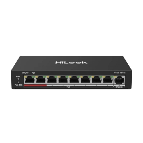 HILOOK NS-0109P-60(B), 8 Port, Megabit, PoE 60W, 1 Port Megabit Uplink, Long Range 250Metre, Yönetilemez, Masaüstü Switch