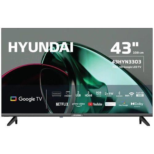 Hyundaı 43hyn3303, 43" 109cm, Full Hd, Dahili Wi-fi, Dahili Uydu Alıcılı, Android, Google Tv,  Led Televizyon