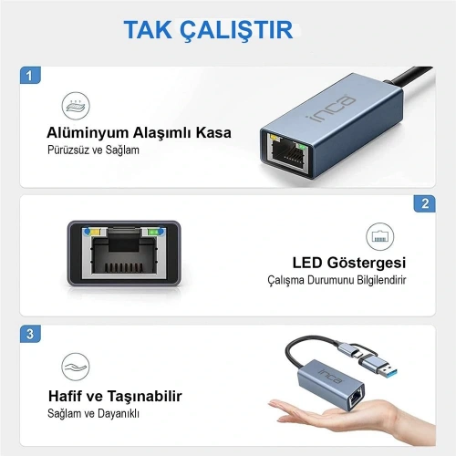 Inca Iutp-01tx Ethernet Adaptörü Usb Ve Type-cye Bağlantı Usb 3.0 Ve Type-c 3.1 Alüminyum 1000mbps