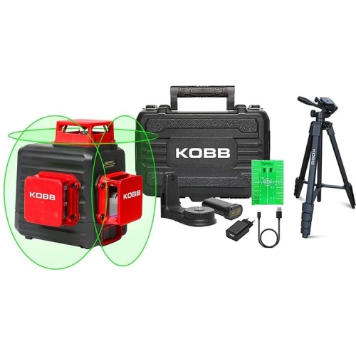KOBB KBL34GTP 40 Metre Profesyonel Li-ion Şarjlı 3X360⁰ Otomatik Hizalamalı Yeşil Çapraz Çizgi Lazer Distomat+Tripod