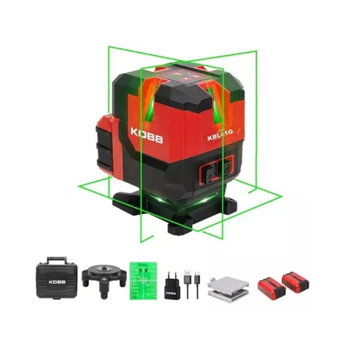 KOBB KBL41G 30Metre 4x90⁰/1x360⁰ Otomatik Hizalamalı Li-ion Çift Akülü Profesyonel Yeşil Çapraz Çizgi Lazer Distomat
