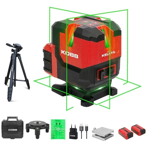 KOBB KBL41GTP 30M 4x90⁰/1x360⁰ Otomatik Hizalamalı Li-ion Çift Akü Profesyonel Yeşil Çizgi Lazer Distomat + Tripod