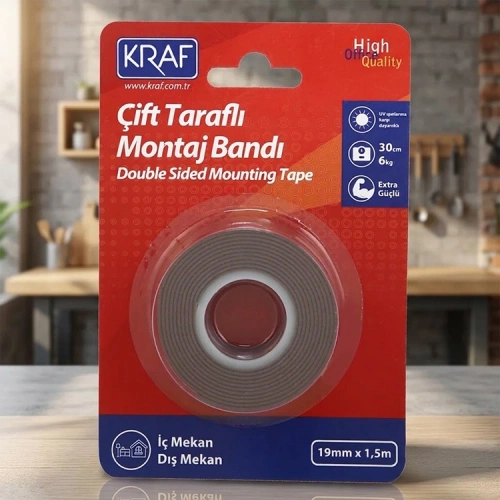 Kraf 2520G 19 mm x 1.5 mt Çift Taraflı Montaj Bandı