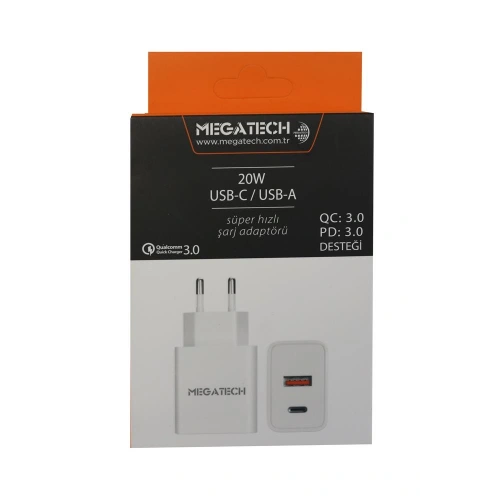 Megatech 20w Beyaz Usb-c Usb-a  Şarj Kafa Qc:3.0-pd:3.0