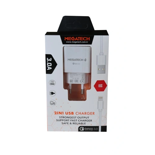 Megatech 3.0a Ev 2ın1 Ev Şarj Kafa +ıphone Şarj Kablo Hızlı Şarj