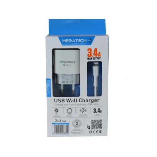 Megatech Cc-03 (mt-cl34) 3.4a Lightning Usb Kablo + Ev Şarj Adaptörü Hızlı Şarj
