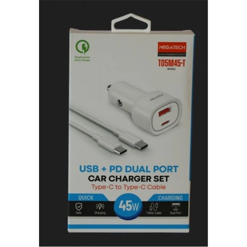 Megatech T05m45-t Beyaz 45w Pd-usb Araç Çakmaklık Şarj Başlığı Hızlı Şarj(type-c To Type-c Kablo)