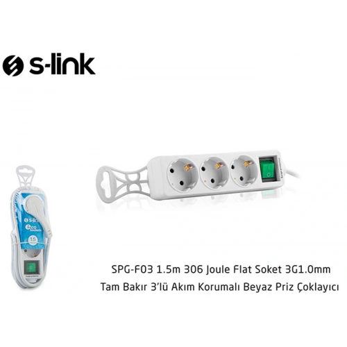 S-link Spg-f03 1.5m 306 Joule Flat Soket 3g1.0mm Tam Bakır 3 Lü Akım Korumalı Priz Çoklayıcı