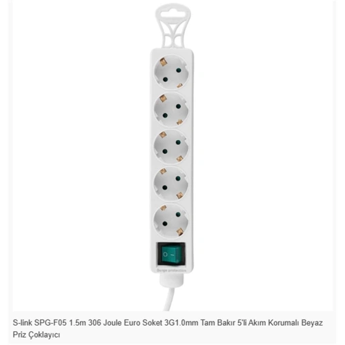 S-link Spg-f05 1.5m 306 Joule Euro Soket 3g1.0mm Tam Bakır 5li Akım Korumalı Beyaz Priz Çoklayıcı
