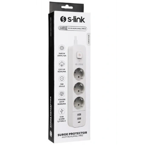 S-link Spg03tc 5v2.4a 1.5m 3x1.00mm 100 Yüzde  Bakır 750 Joule 3 Lü Anahtarlı Akım Korumalı Beyaz Priz