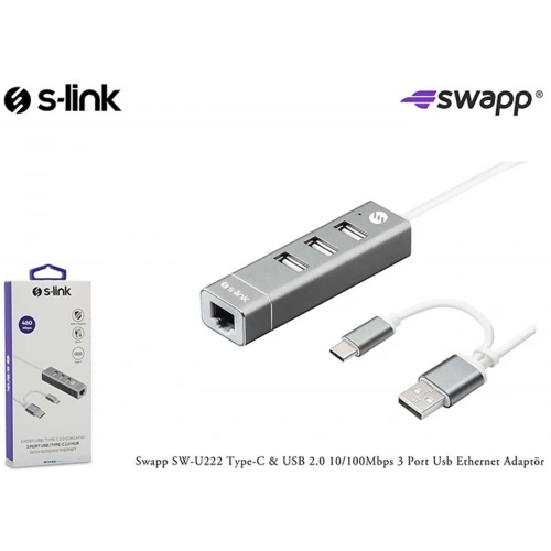 S-link Swapp Sw-u222 Type-c Usb 2.0 10-100mbps 3 Port Usb Ethernet Adaptör