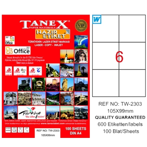 Tanex Laser Etiket 100 YP 105x99 Laser-Copy-Inkjet TW-2303