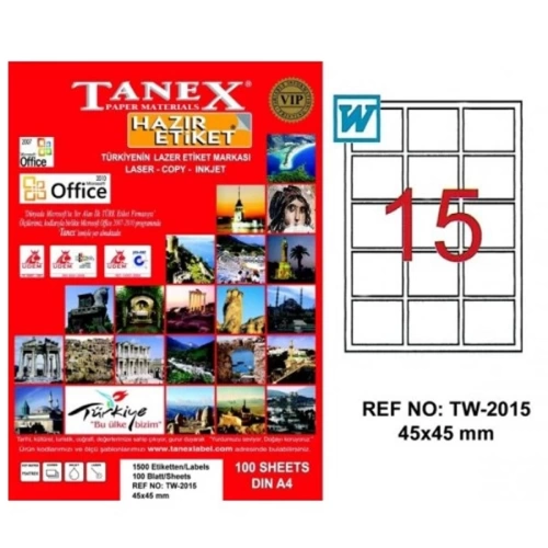 Tanex Laser Etiket 100 YP 45x45 MM Laser-Copy-Inkjet TW-2015