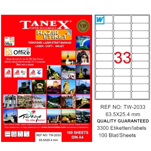 Tanex Laser Etiket 100 Yp 63.5x25.4 Laser-copy-ınkjet Tw-2033