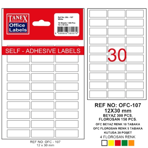Tanex Ofis Etiketi Poşetli 12x30 MM Beyaz OFC-107