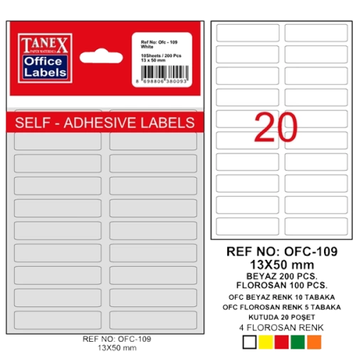 Tanex Ofis Etiketi Poşetli 13x50 MM Beyaz OFC-109