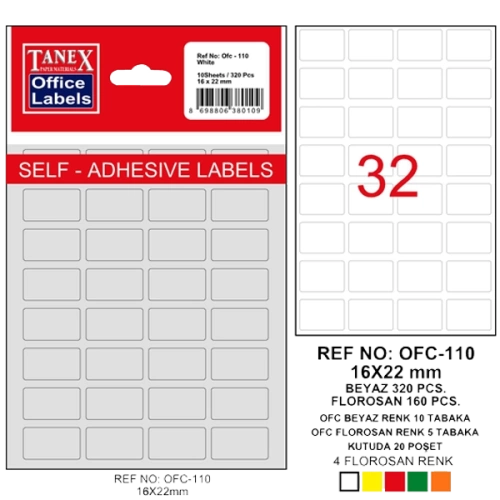 Tanex Ofis Etiketi Poşetli 16x22 MM Beyaz OFC-110
