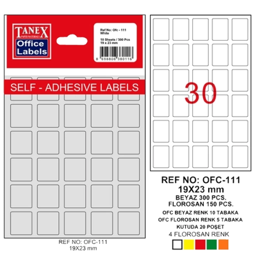 Tanex Ofis Etiketi Poşetli 19x23 MM Beyaz OFC-111