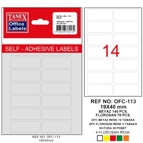 Tanex Ofis Etiketi Poşetli 19x40 MM Beyaz OFC-113