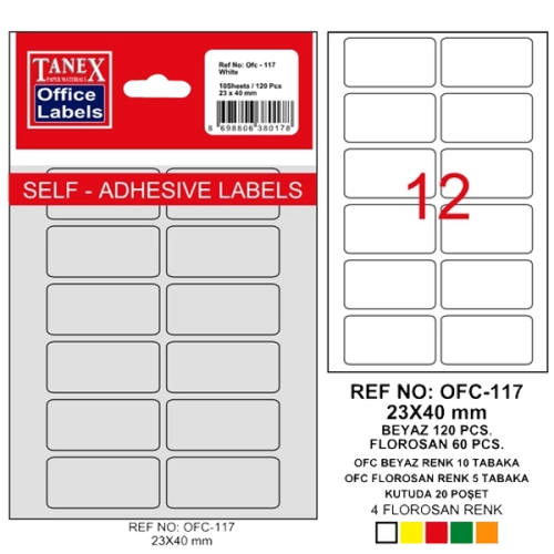 Tanex Ofis Etiketi Poşetli 23x40 MM Beyaz OFC-117