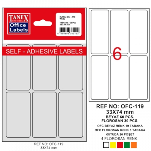 Tanex Ofis Etiketi Poşetli 33x74 MM Beyaz OFC-119