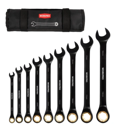 Workpro Wp202602 8-19mm 9 Parça Cr-v Profesyonel Cırcır Kombine Anahtar Takımı + Bez Taşıma Kılıfı