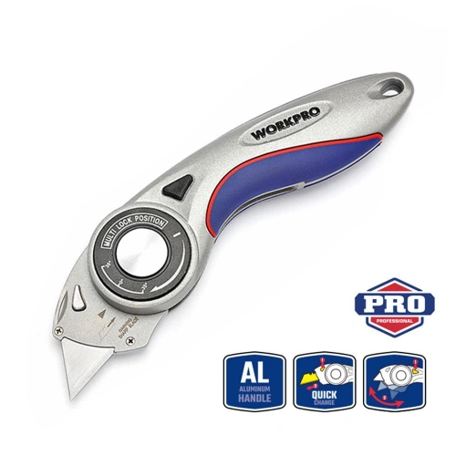 Workpro Wp211013 Ağır Hizmet Alüminyum Gövde Açı Ayarlı Katlanır Rötuş Maket Bıçağı + 5 Adet Yedek Bıçak
