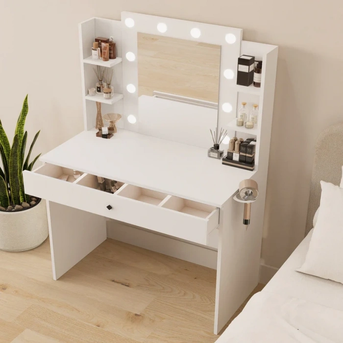 Revasser Mj100 Hollywood Işıklı Aynalı Kulis Makyaj Masası Takı Düzenleyici Beyaz Patentli Tasarım