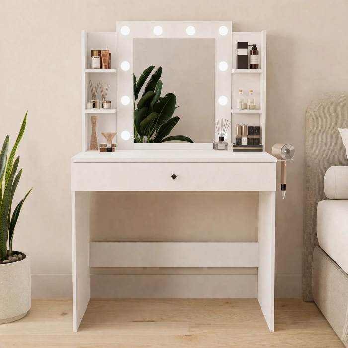 Revasser Mj100 Hollywood Işıklı Aynalı Kulis Makyaj Masası Takı Düzenleyici Beyaz Patentli Tasarım