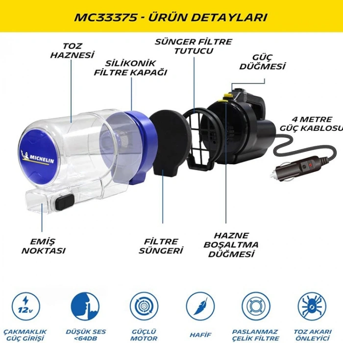 Michelin MC33375 12 Volt / 150 Watt Araç Süpürgesi ve 4 Parça Aksesuar Seti