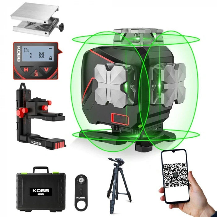 Kobb Kbl36gtp Profesyonel Li-ion Şarjlı 4x360⁰ Lcd Ekran Otomatik Hizalamalı Yeşil Çapraz Çizgi Lazer Distomat+tripod