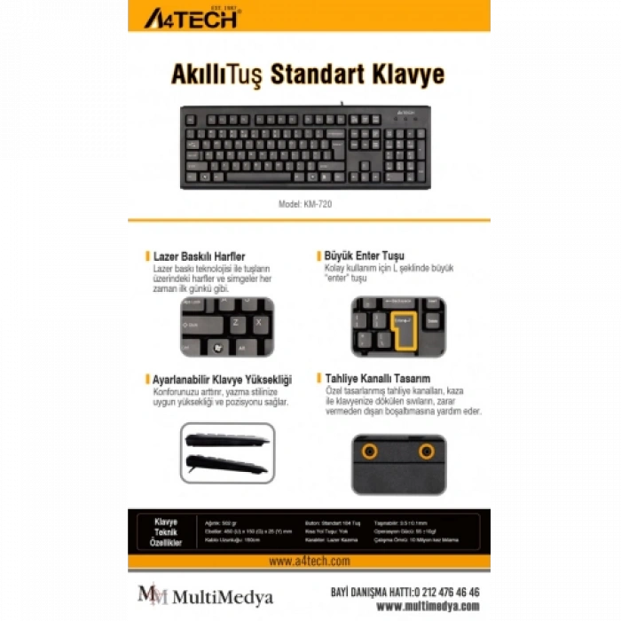 A4 TECH KM-720, Siyah, USB Kablolu, Türkçe Q, Multimedya KLAVYE