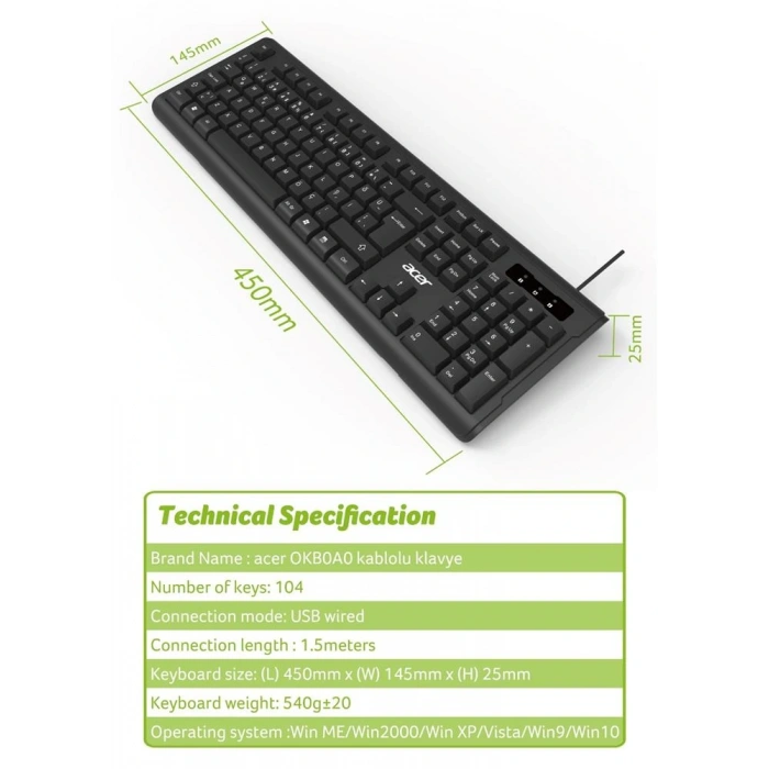 Acer Oak-0a0  Siyah Kablolu Sessiz Tuşlu  Klavye (caps Lock) (kablo Uzunluğu 1.50cm) Caps Lock