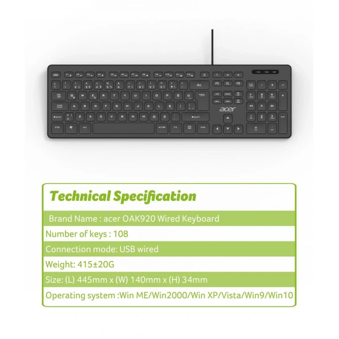 Acer Oak920 Q Usb Siyah 1.8mt  Kablolu Klavye-tek Tuş Hesap Makinalı (sessiz Tuş)